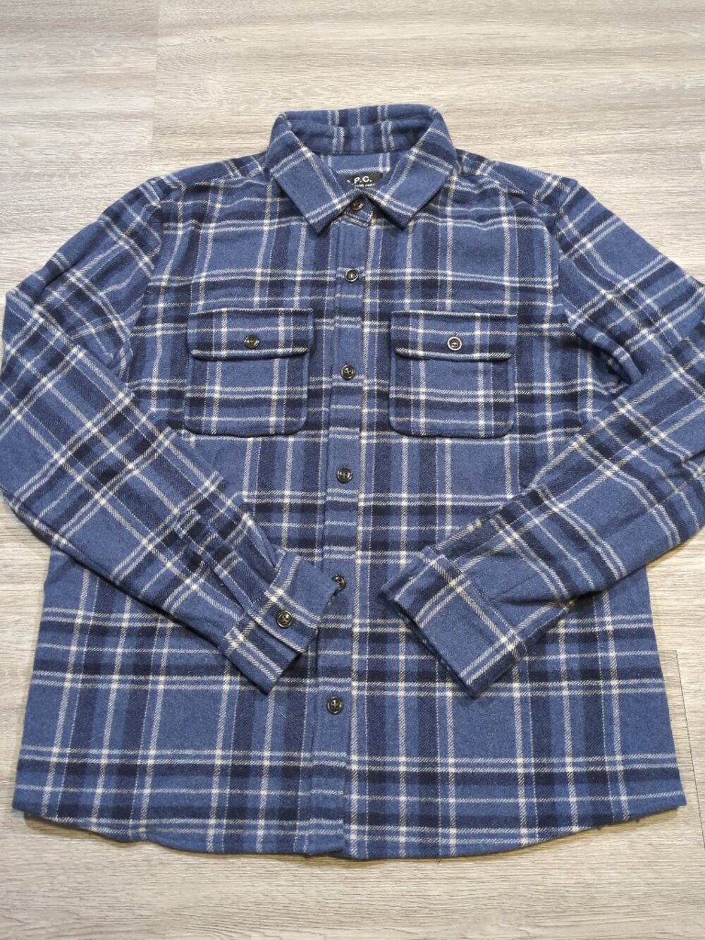 A.P.C Wool Plaid Flannel Women's Medium Button Up Blue Plaid Fall Cozy